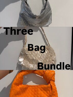 Three Bag Bundle - Silver Sequin, Pearl Shell, and Orange Woven Shoulder Bags